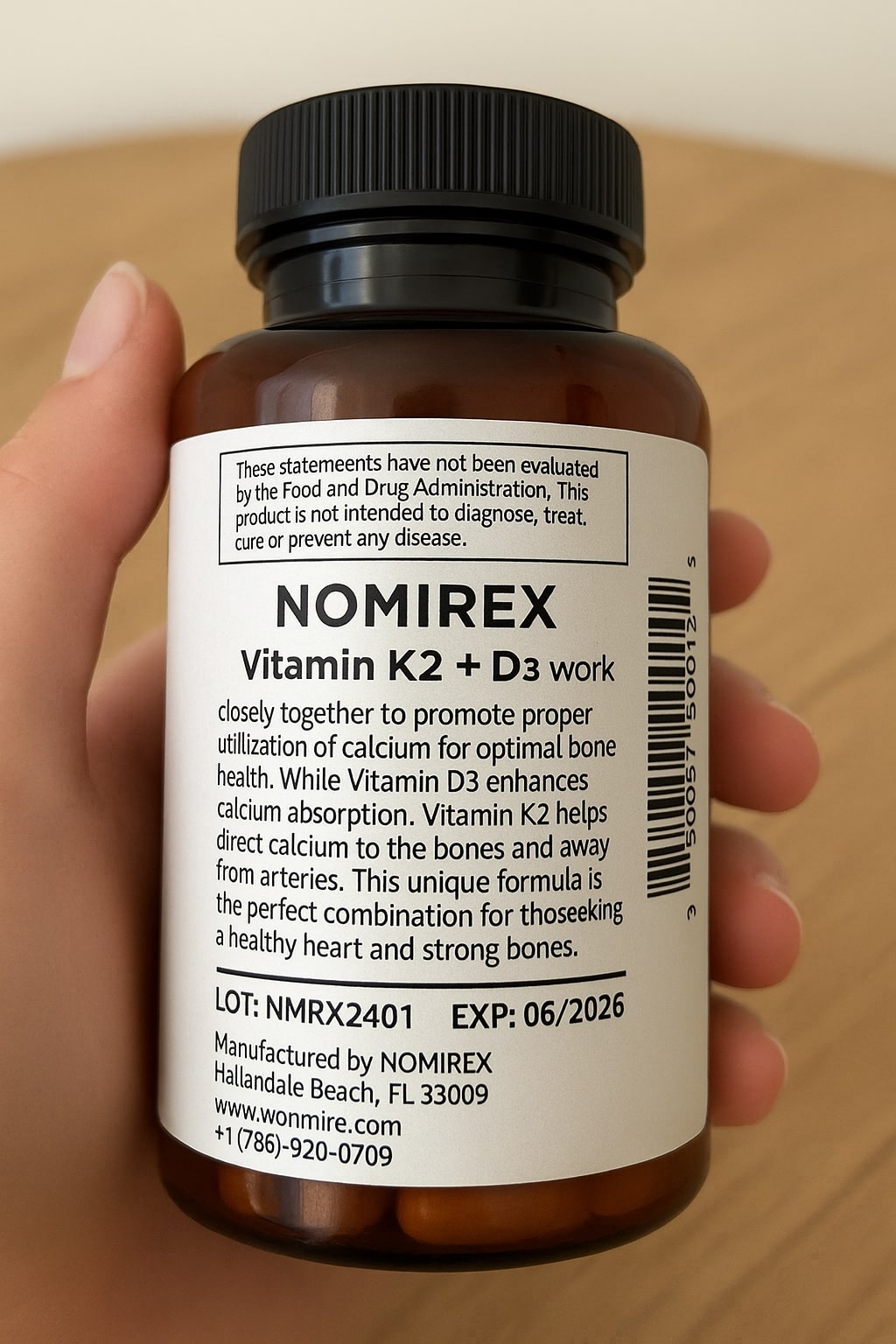 NOMIREX Vitamin K2 (MK‑7) + D3 Supplement – 120 Vegetarian Capsules