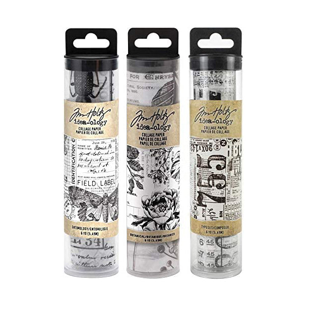Tim Holtz Idea-Ology Collage Paper Rolls - Entomology, Botanical and Typeset - Bundle of Three Rolls