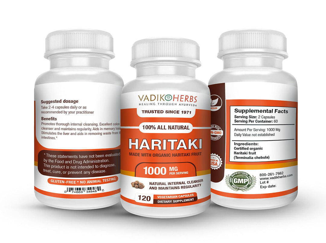 Vadik Herbs Certified Organic Haritaki (Terminalia Chebula) Capsules for Rejuvenation and Detoxification | Made in USA | Wildcrafted and Safety Tested | 100 Vegicaps