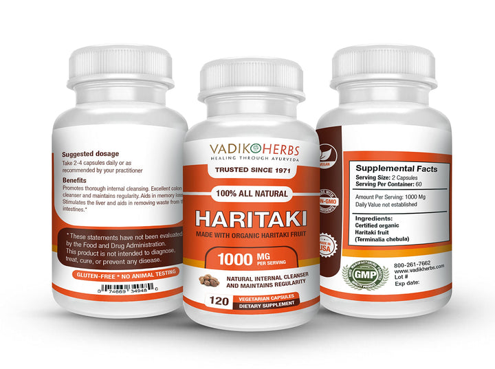 Vadik Herbs Certified Organic Haritaki (Terminalia Chebula) Capsules for Rejuvenation and Detoxification | Made in USA | Wildcrafted and Safety Tested | 100 Vegicaps