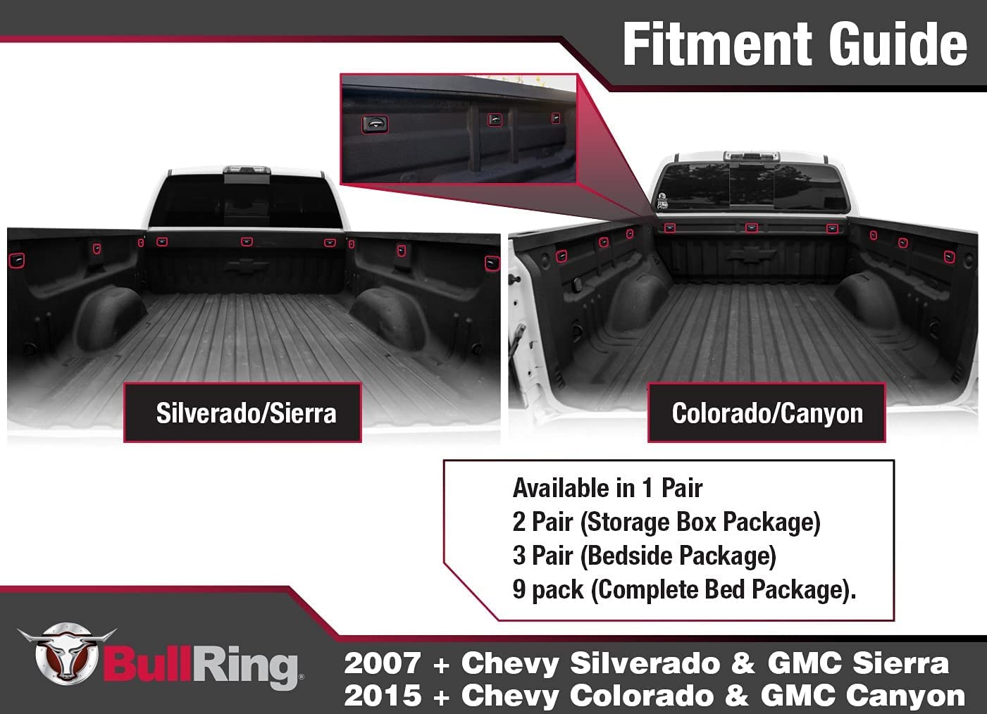 Bull Ring Inner Bed Retractable Truck Bed Tie Down Anchors for 2007+ Chevy Silverado & GMC Sierra, 2015+ Chevy Colorado & GMC Canyon (3 Pairs)