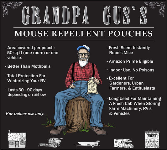 Grandpa Gus's Extra-Strength Mouse Repellent, Cinnamon/Peppermint Oils Repel Mice from Nesting & Freshen Air in Car/RV/Boat/Garage/Shed/Cabin, 1.75 Oz (10 Pouches)