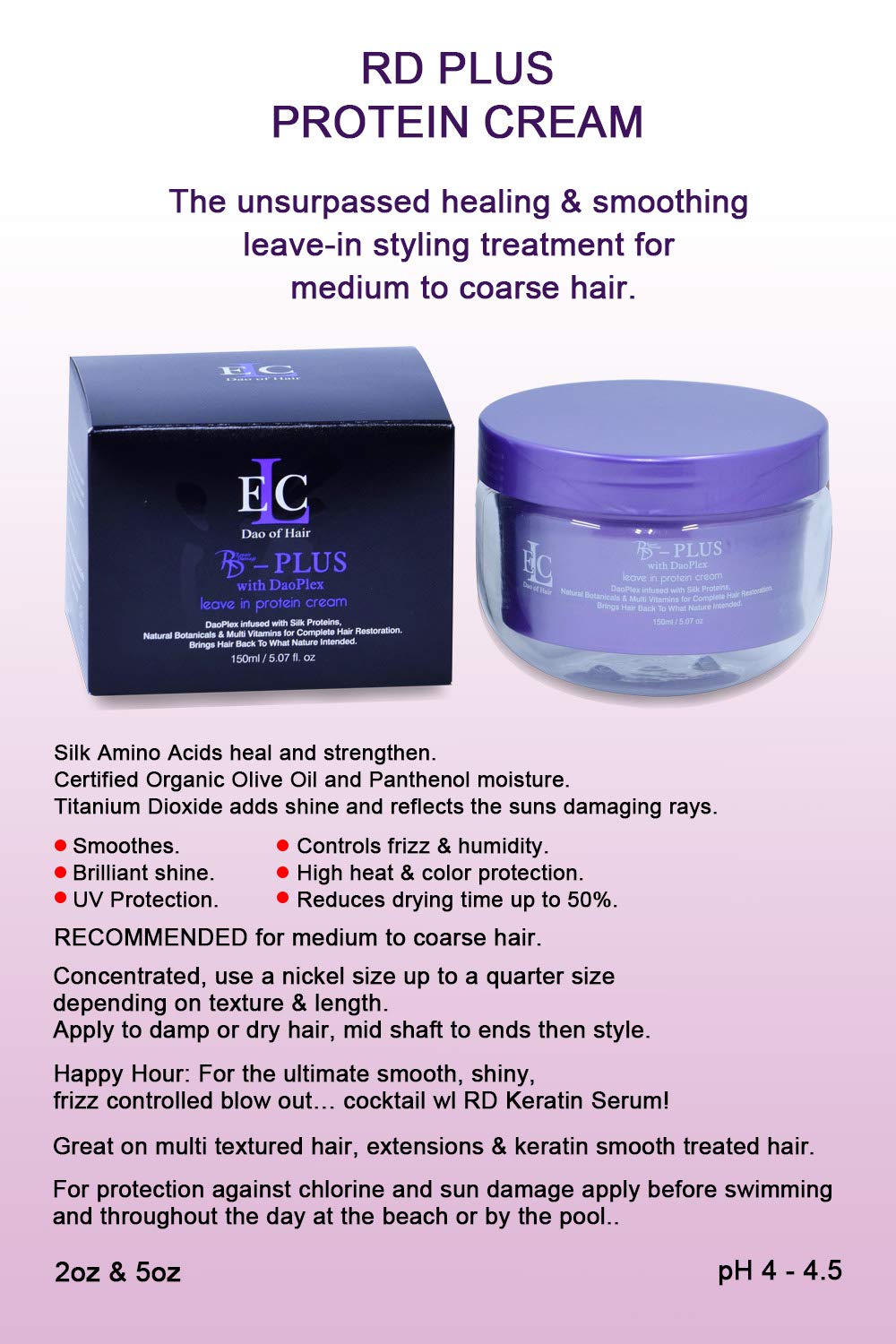 ELC Dao of Hair Repair Damage RD Plus Leave-In Protein Cream, Healing & Smoothing Leave-in Treatment, Repairs, Smooths, Heat & Color Protection, Blocks Humidity & Frizz.