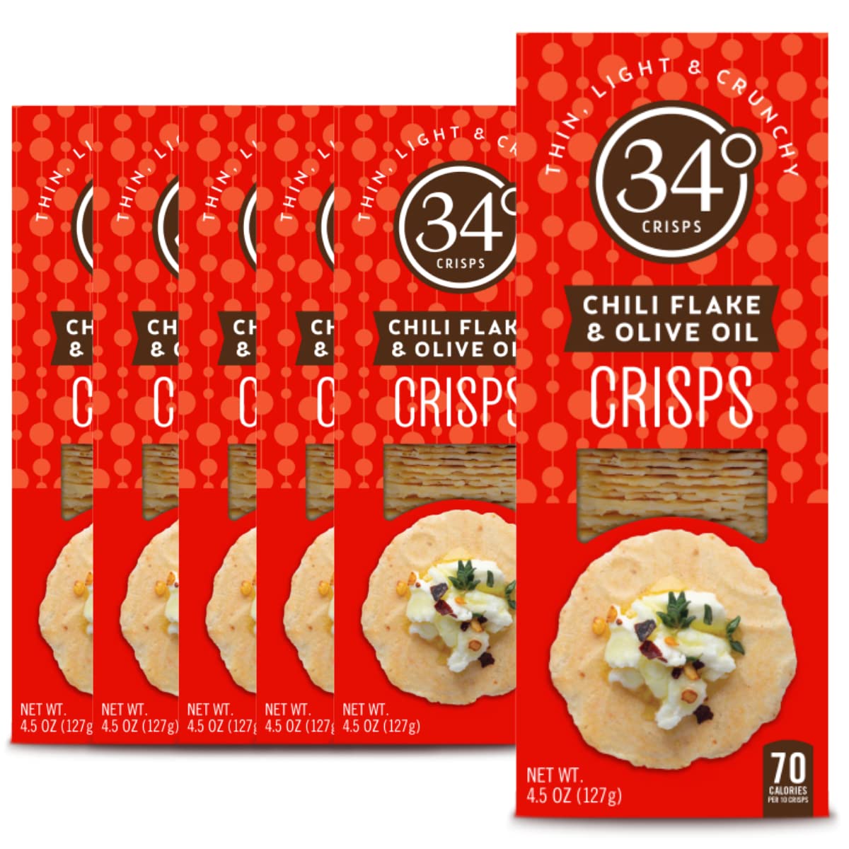 34 Degrees Crisps | Chili Flake & Olive Oil Crisps | Thin, Light & Crunchy Original Crisps, 6 Pack (4.5oz each)