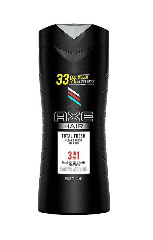 Axe Hair 3 in 1 - Total Fresh - Shampoo + Conditioner + Body Wash - Net Wt. 16 FL OZ (473 mL) Per Bottle - Pack of 3 Bottles