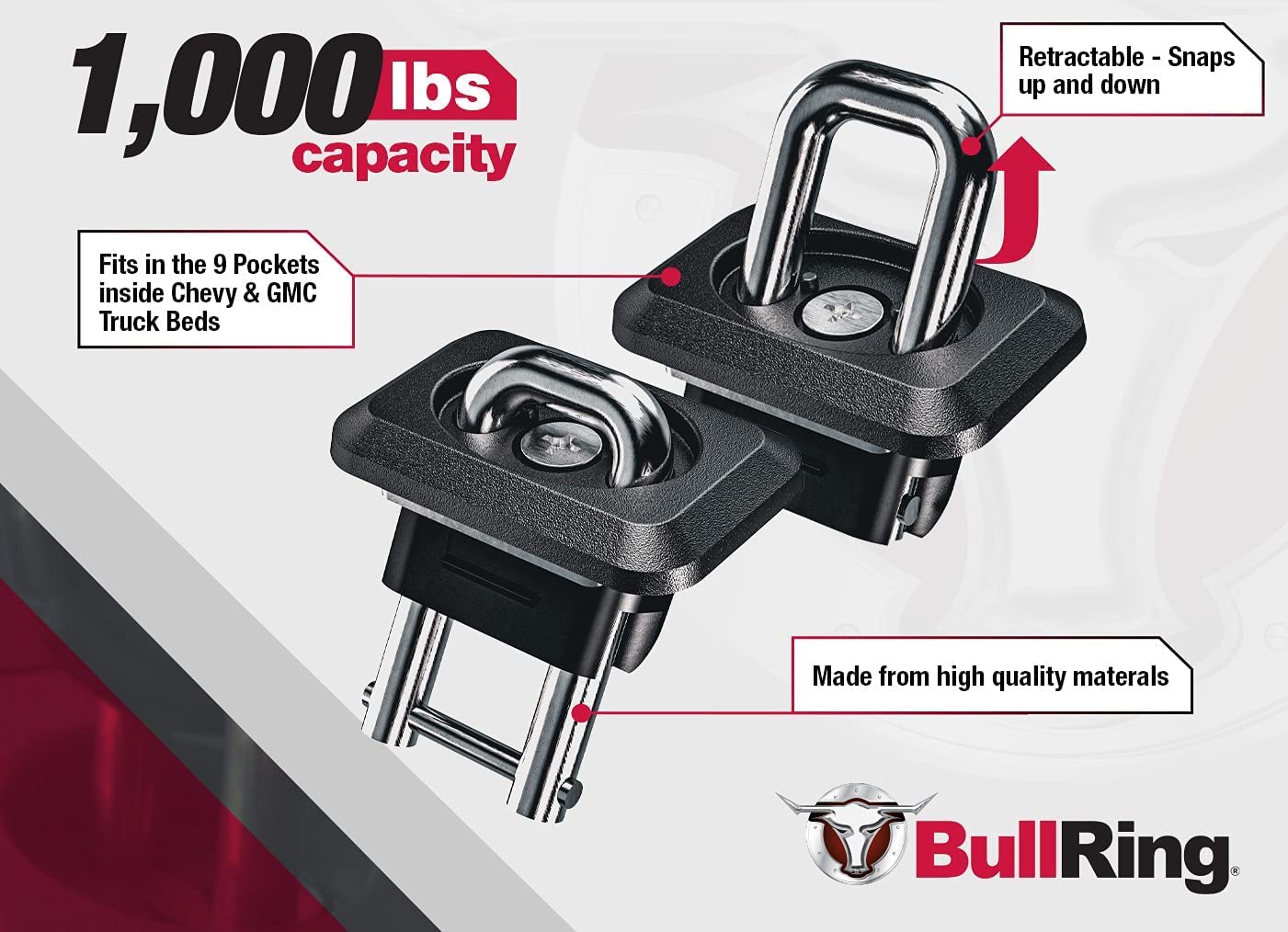 Bull Ring Inner Bed Retractable Truck Bed Tie Down Anchors for 2007+ Chevy Silverado & GMC Sierra, 2015+ Chevy Colorado & GMC Canyon (3 Pairs)