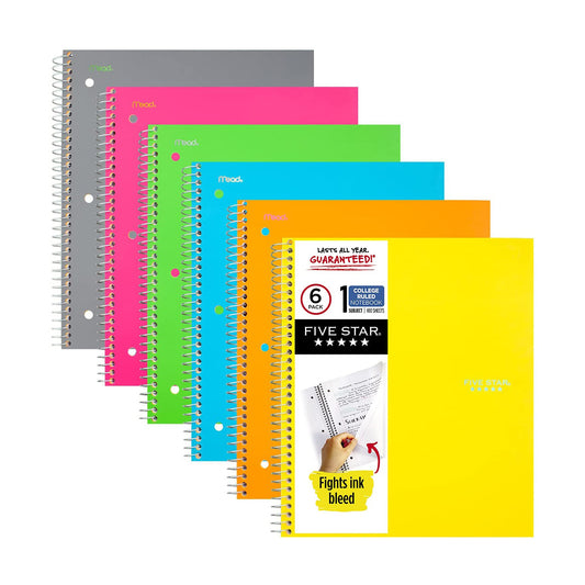 Five Star Spiral Notebooks, 1 Subject, College Ruled Paper, 100 Sheets, 11 x 8-1/2 inches, Assorted Colors, 6 Pack (38057)