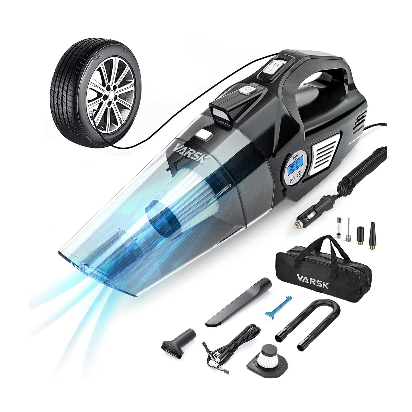VARSK 4-in-1 Car Vacuum Cleaner, Tire Inflator Portable Air Compressor with Digital Tire Pressure Gauge LCD Display and LED Light, 12V DC Air Compressor Pump, 15FT Cord, Bonus HEPA Filter and Nozzles