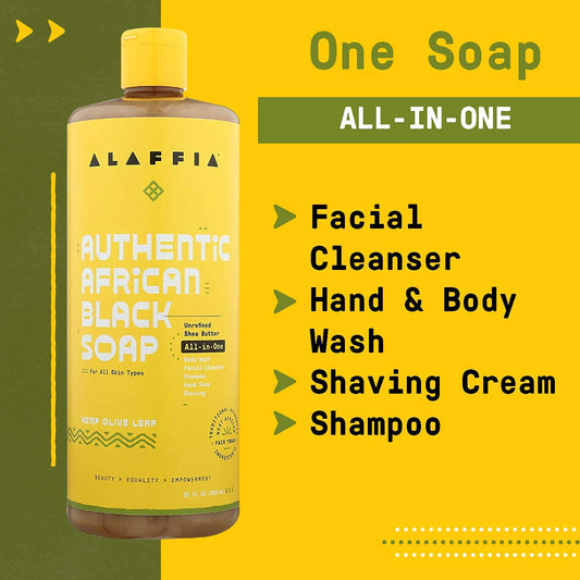 Alaffia Skin Care, Authentic African Black Soap, All in One Body Wash, Face Wash, Shampoo & Shaving Soap with Fair Trade Shea Butter, Hemp Olive Leaf 32 Fl Oz