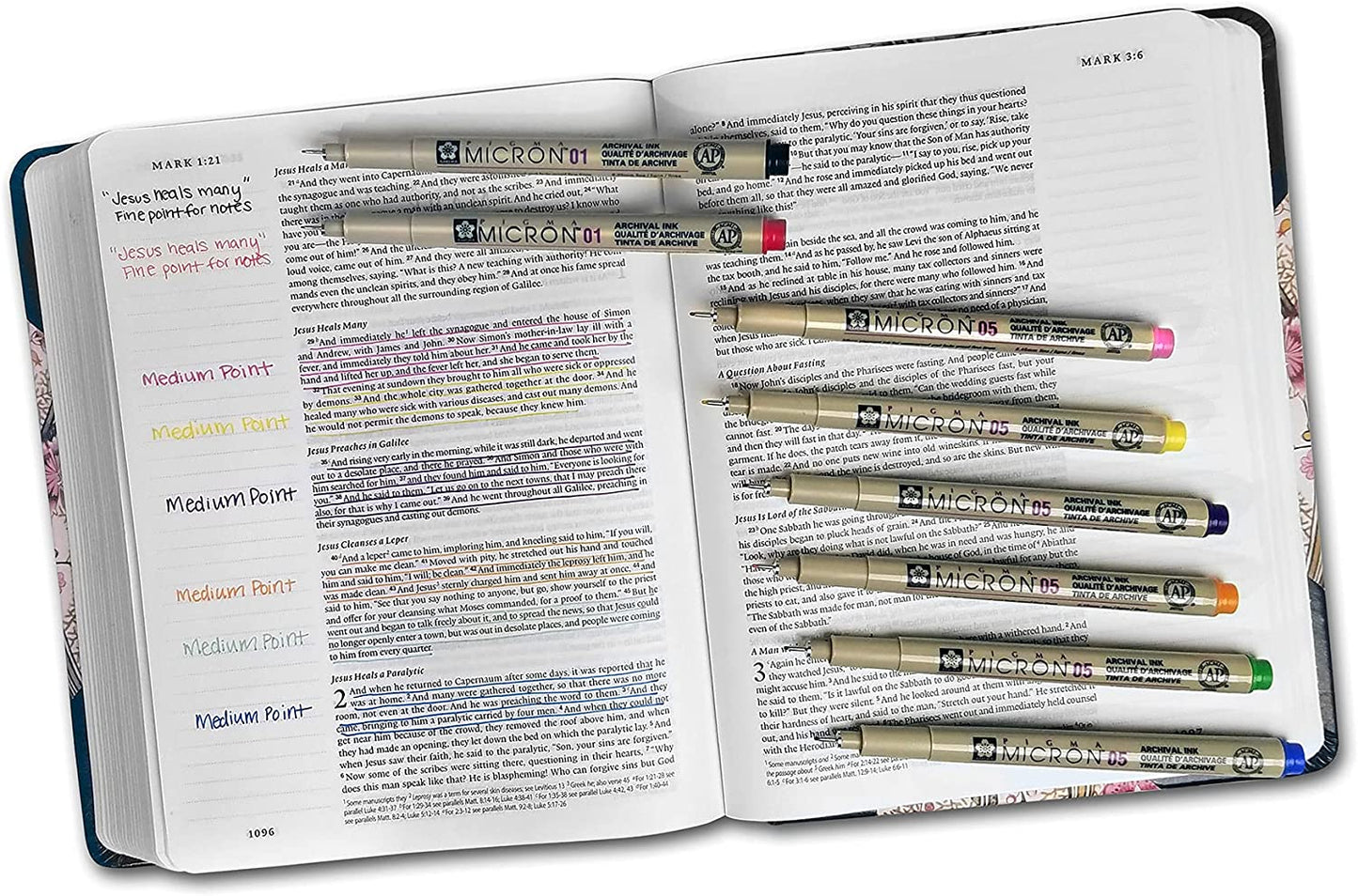 G.T. Luscombe Company, Inc. Pigma Micron 01 Fine & 05 Medium Point Inductive Bible Study Pen Kit | No Bleed Pigmented Ink | Black, Red, Orange, Blue, Green, Pink, Violet, Yellow (Set of 8) | New Packaging |