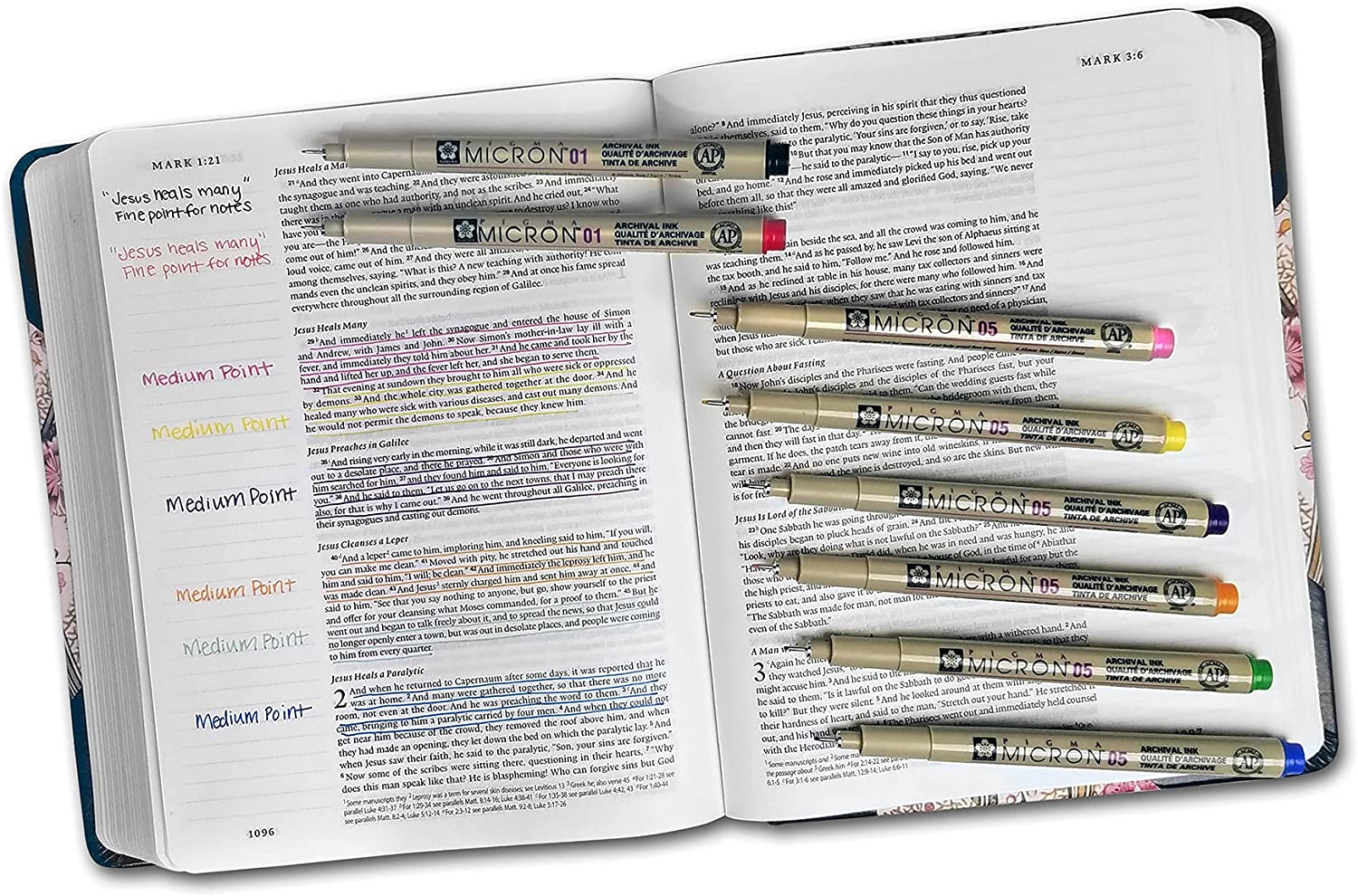 G.T. Luscombe Company, Inc. Pigma Micron 01 Fine & 05 Medium Point Inductive Bible Study Pen Kit | No Bleed Pigmented Ink | Black, Red, Orange, Blue, Green, Pink, Violet, Yellow (Set of 8) | New Packaging |