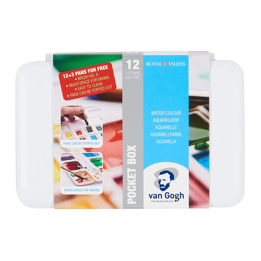 Van Gogh Watercolor Paint Set, Plastic Pocketbox, 12-Half Pan + 3-Half Pan Bonus General Selection