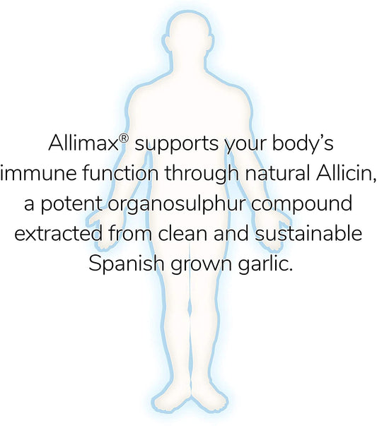 Allimax 180mg 90 Capsules. Allicin Garlic Supplement to Support Your Body’s Immune Function. Contains Stabilized and Potent Bioactive Allicin, Extracted from Clean & Sustainable Spanish Grown Garlic.