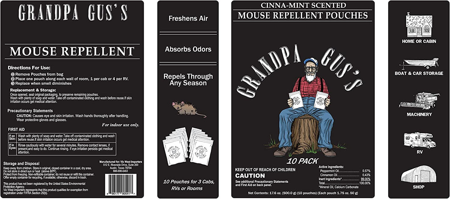 Grandpa Gus's Extra-Strength Mouse Repellent, Cinnamon/Peppermint Oils Repel Mice from Nesting & Freshen Air in Car/RV/Boat/Garage/Shed/Cabin, 1.75 Oz (10 Pouches)