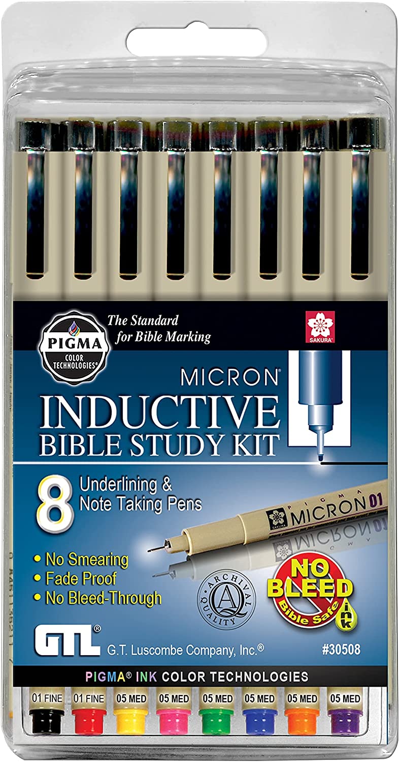 G.T. Luscombe Company, Inc. Pigma Micron 01 Fine & 05 Medium Point Inductive Bible Study Pen Kit | No Bleed Pigmented Ink | Black, Red, Orange, Blue, Green, Pink, Violet, Yellow (Set of 8) | New Packaging |